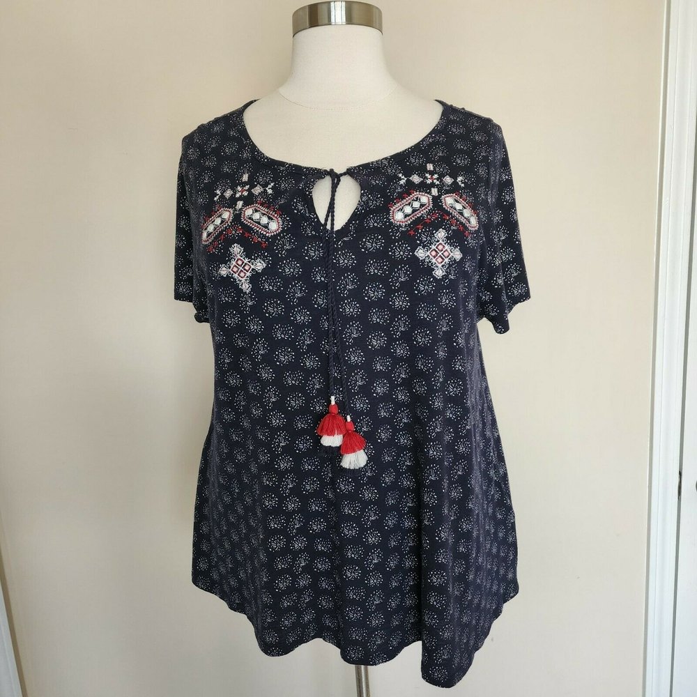 Lane Bryant Plus Sze 18/20 Navy Blue White Red Embroidery Tassels Top Shirt NWOT